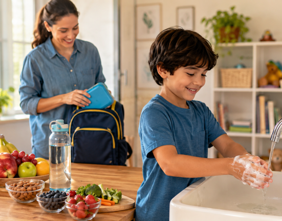 Immunity boosting habits for kids including hand washing, healthy food, hydration, school routine, and daily wellness.