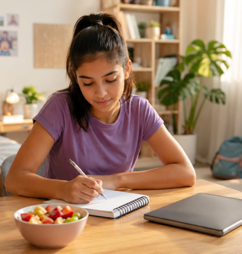 Healthy habits for teenagers at home with study routine, hydration, healthy snacks, organization, fitness, and teen wellness.
