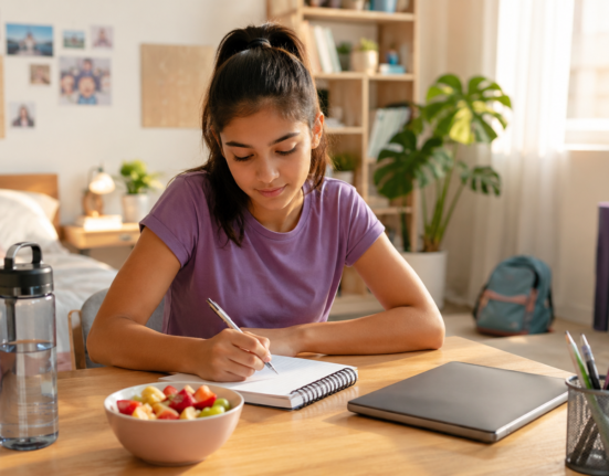 Healthy habits for teenagers at home with study routine, hydration, healthy snacks, organization, fitness, and teen wellness.
