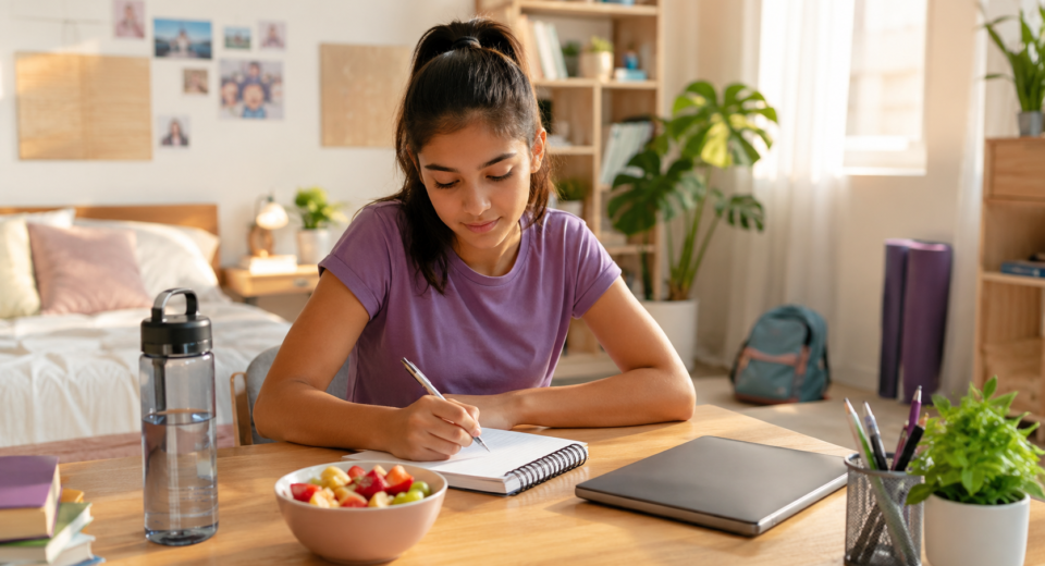 Healthy habits for teenagers at home with study routine, hydration, healthy snacks, organization, fitness, and teen wellness.
