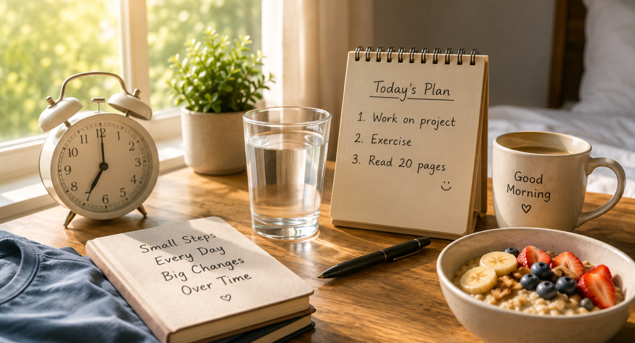 Simple daily habits for a more balanced life with morning routine planner, water, breakfast, and peaceful home setup