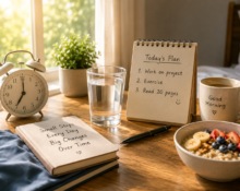 Simple daily habits for a more balanced life with morning routine planner, water, breakfast, and peaceful home setup