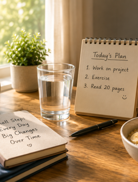 Simple daily habits for a more balanced life with morning routine planner, water, breakfast, and peaceful home setup