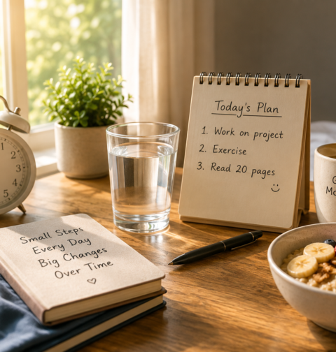 Simple daily habits for a more balanced life with morning routine planner, water, breakfast, and peaceful home setup