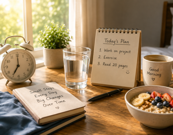 Simple daily habits for a more balanced life with morning routine planner, water, breakfast, and peaceful home setup