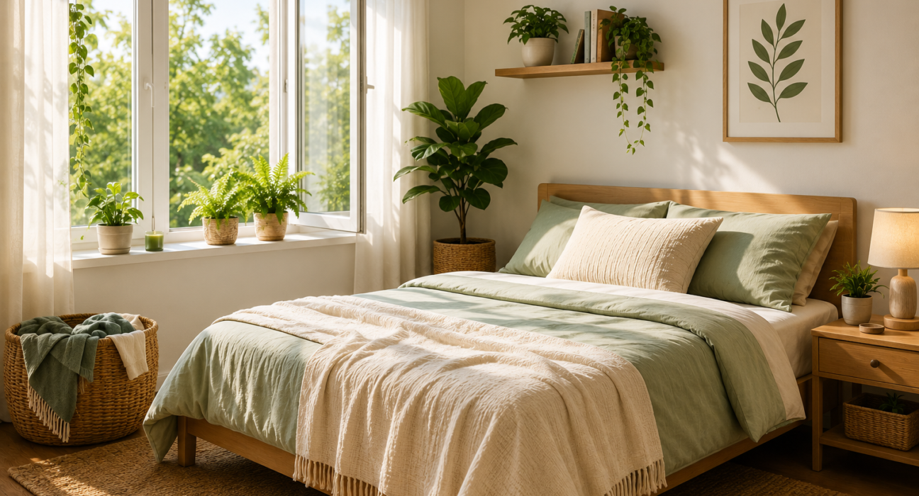 Fresh room tips for a clean bedroom with fresh air, organized bedding, plants and peaceful daily living