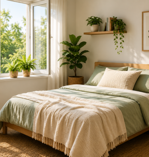 Fresh room tips for a clean bedroom with fresh air, organized bedding, plants and peaceful daily living