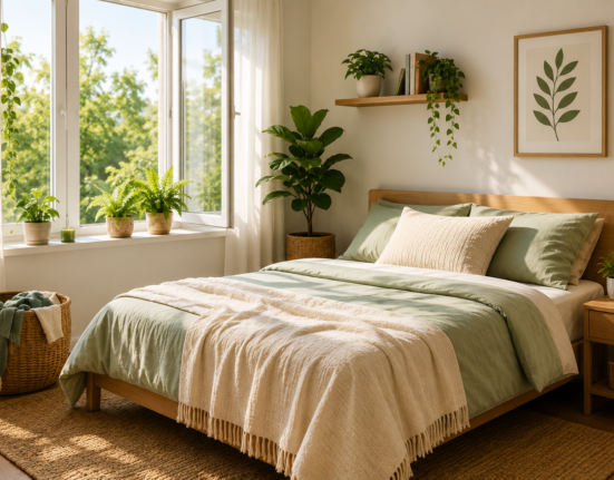 Fresh room tips for a clean bedroom with fresh air, organized bedding, plants and peaceful daily living
