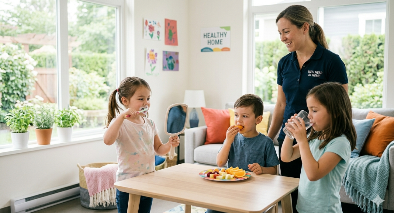 Healthy habits for kids at home including brushing teeth, eating fruit, drinking water, and daily wellness routines.