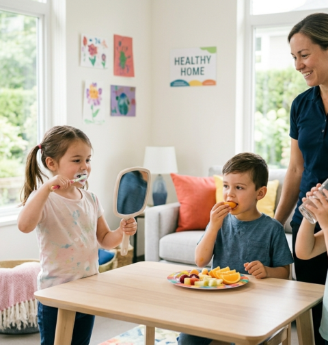 Healthy habits for kids at home including brushing teeth, eating fruit, drinking water, and daily wellness routines.