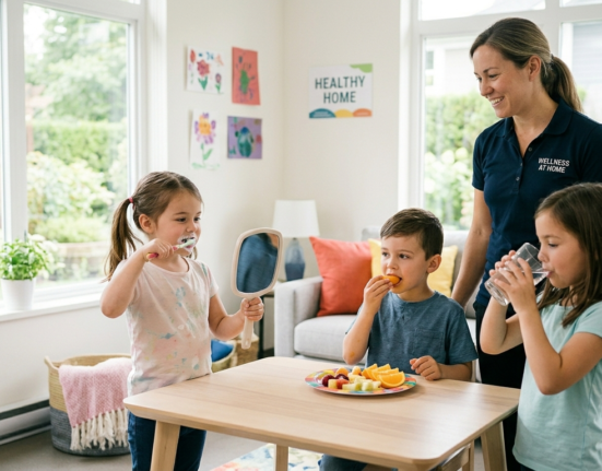 Healthy habits for kids at home including brushing teeth, eating fruit, drinking water, and daily wellness routines.