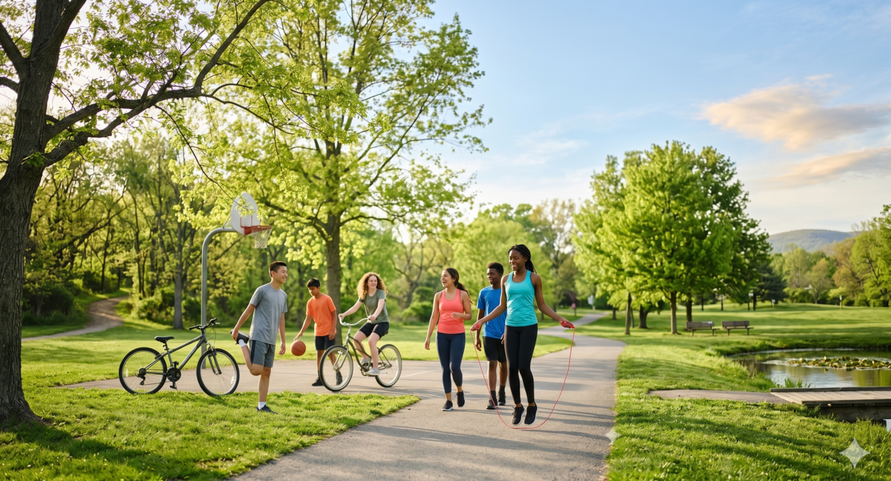 Physical activity ideas for teenagers doing outdoor fitness activities