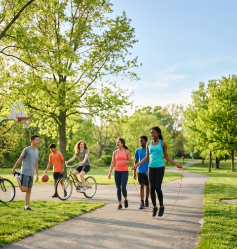 Physical activity ideas for teenagers doing outdoor fitness activities