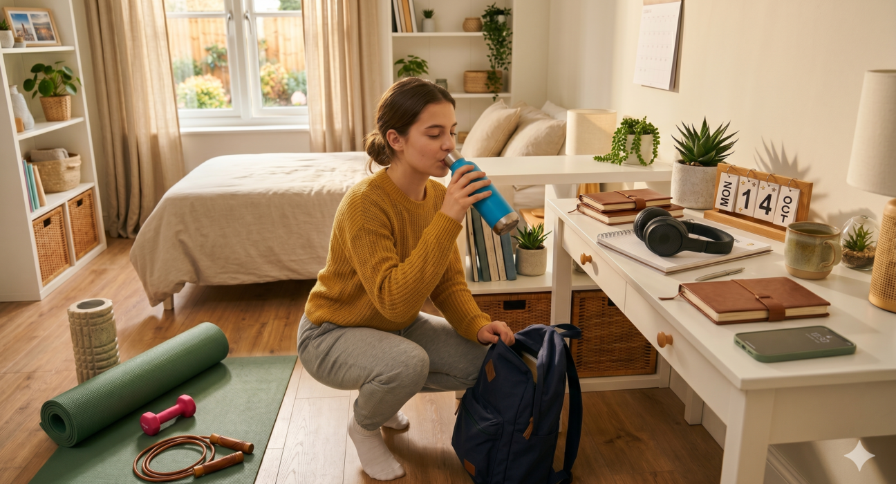 Daily wellness routine for teens with healthy breakfast, hydration, study routine, organization, fitness, and better daily habits.