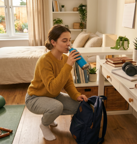 Daily wellness routine for teens with healthy breakfast, hydration, study routine, organization, fitness, and better daily habits.