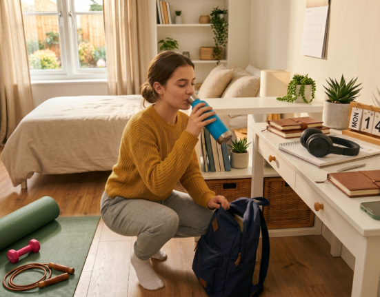 Daily wellness routine for teens with healthy breakfast, hydration, study routine, organization, fitness, and better daily habits.