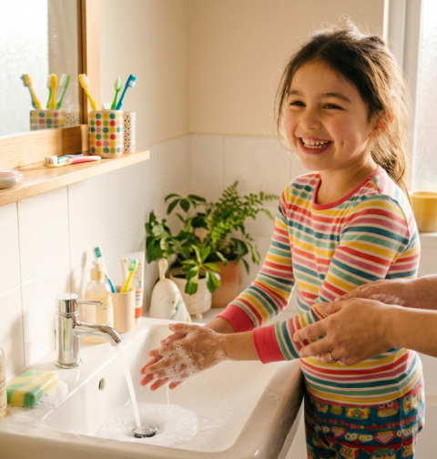 Hygiene tips for kids with healthy hand washing and personal care habits