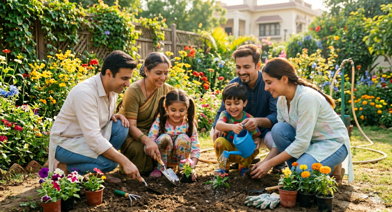 Child wellness tips with children gardening outdoors, supporting happy growth, family bonding, physical activity, and emotional well-being.