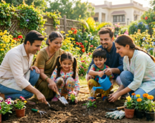 Child wellness tips with children gardening outdoors, supporting happy growth, family bonding, physical activity, and emotional well-being.