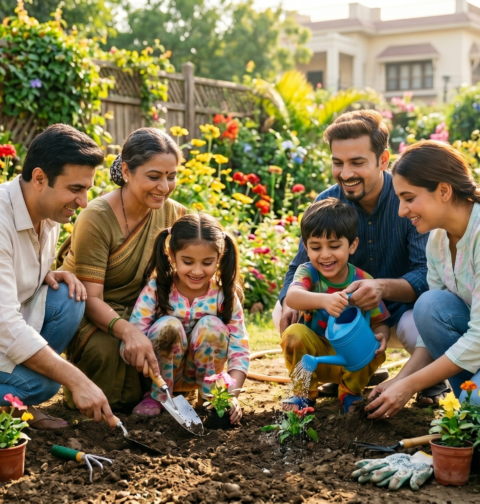 Child wellness tips with children gardening outdoors, supporting happy growth, family bonding, physical activity, and emotional well-being.