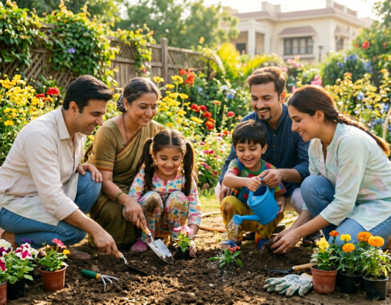 Child wellness tips with children gardening outdoors, supporting happy growth, family bonding, physical activity, and emotional well-being.