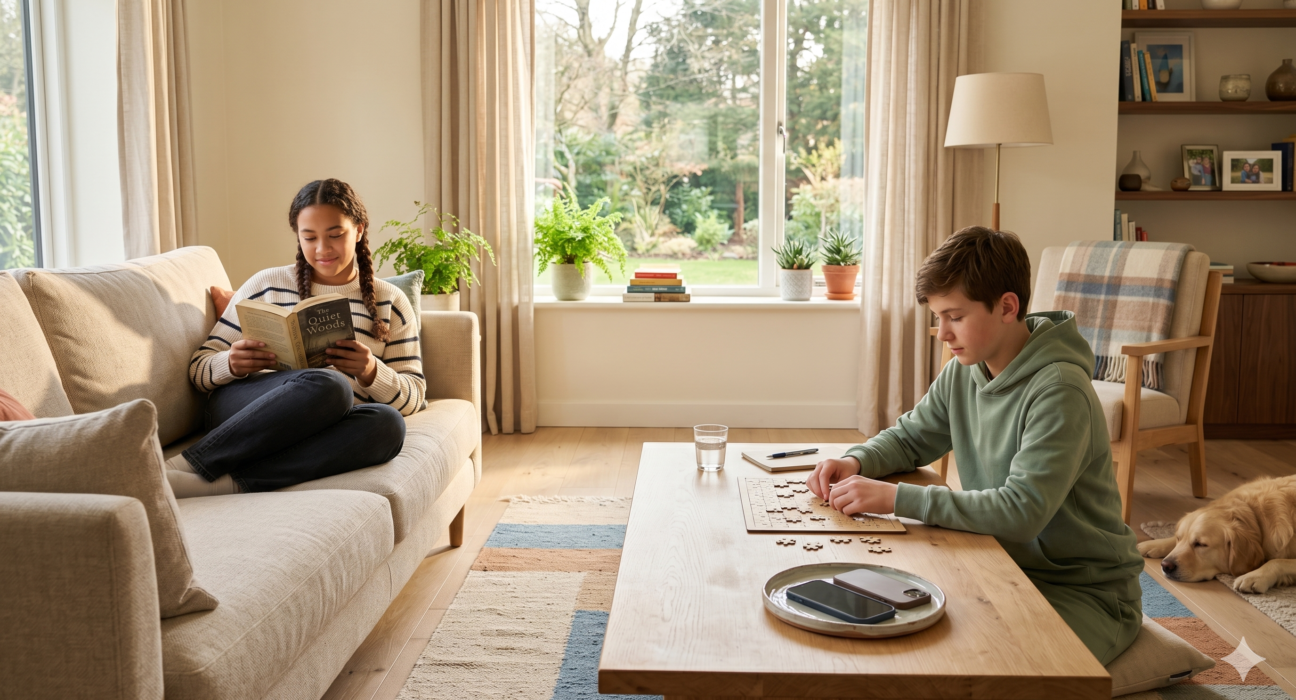 Teenagers practicing screen time balance with offline activities at home