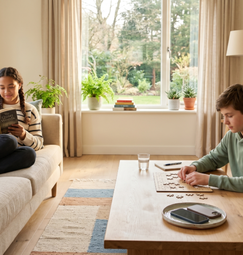 Teenagers practicing screen time balance with offline activities at home