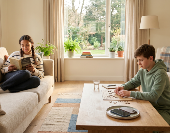 Teenagers practicing screen time balance with offline activities at home