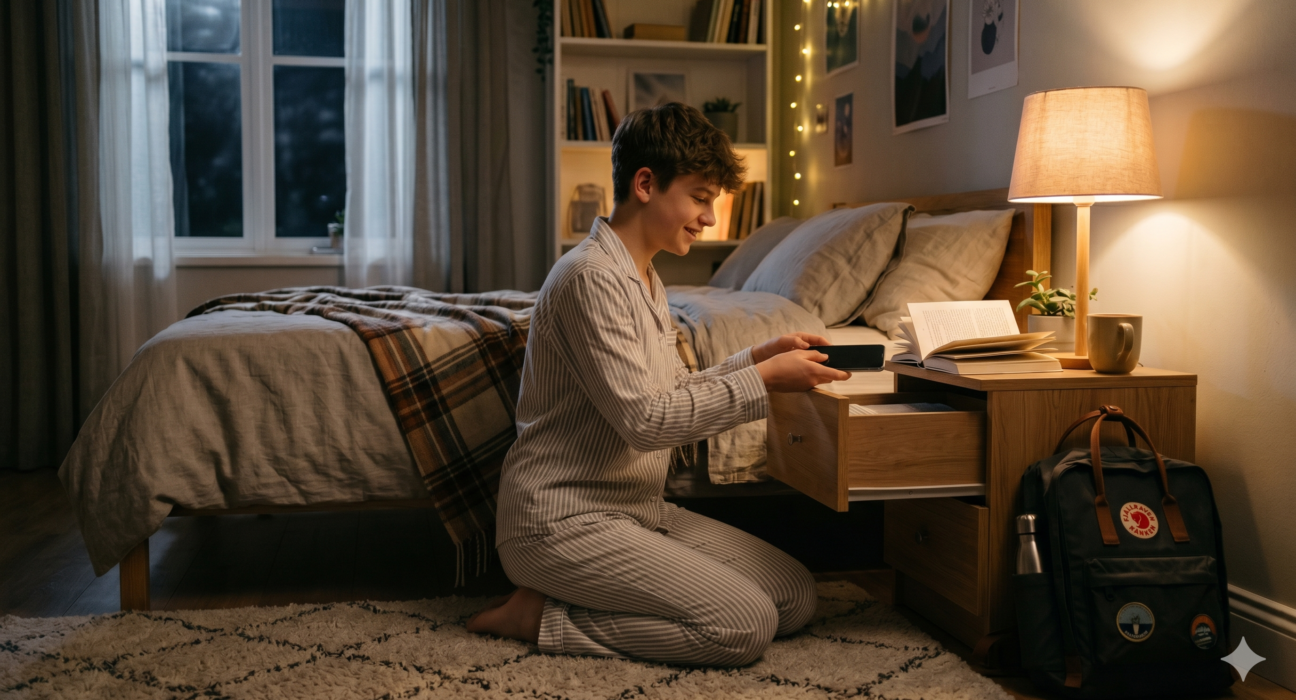 Sleep tips for teens with phone away, bedtime reading, organized school bag, calm bedroom, and healthy sleep routine.