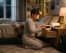 Sleep tips for teens with phone away, bedtime reading, organized school bag, calm bedroom, and healthy sleep routine.