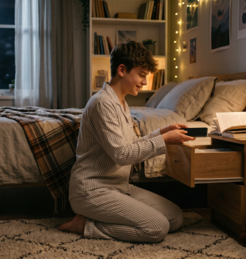 Sleep tips for teens with phone away, bedtime reading, organized school bag, calm bedroom, and healthy sleep routine.