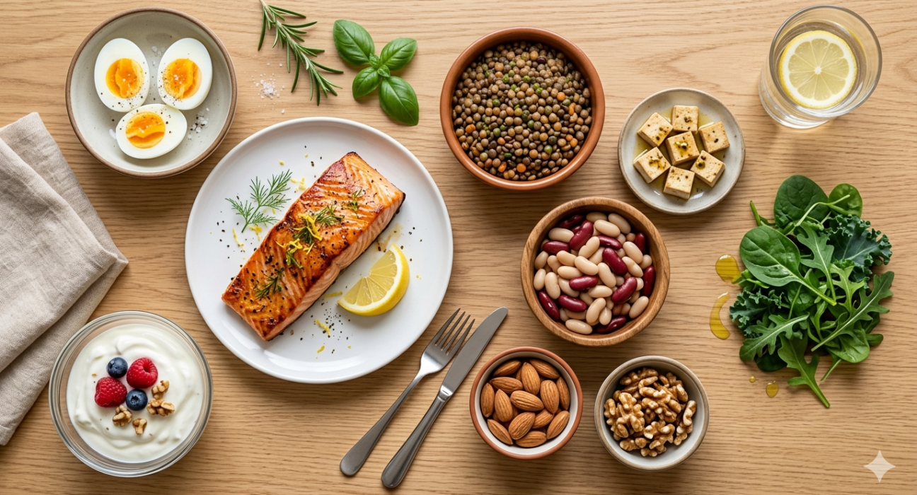 Protein-rich foods for seniors including salmon, eggs, yogurt, lentils, beans, tofu, nuts, and greens for muscle health.