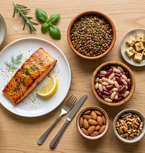 Protein-rich foods for seniors including salmon, eggs, yogurt, lentils, beans, tofu, nuts, and greens for muscle health.