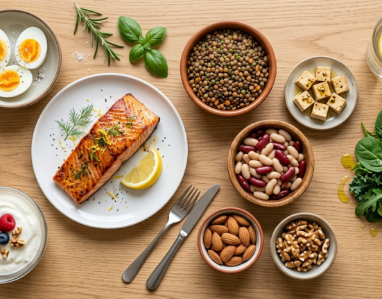 Protein-rich foods for seniors including salmon, eggs, yogurt, lentils, beans, tofu, nuts, and greens for muscle health.