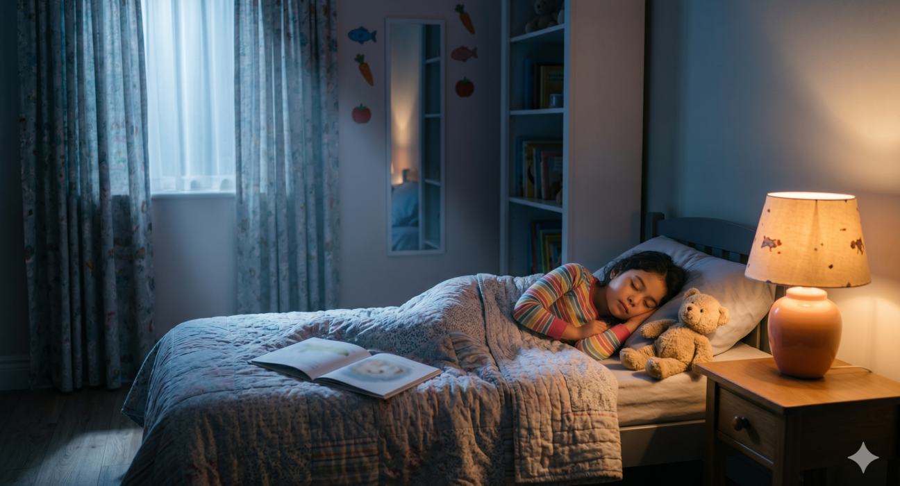 Sleep tips for children with a peaceful bedtime routine, cozy bedroom, storybook, night lamp, and calm sleep environment.