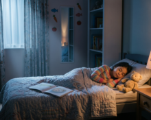 Sleep tips for children with a peaceful bedtime routine, cozy bedroom, storybook, night lamp, and calm sleep environment.