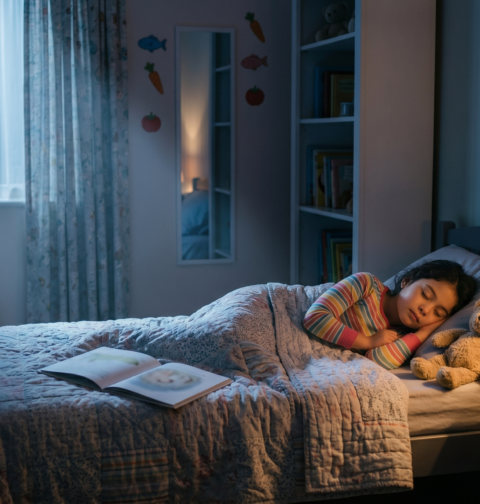 Sleep tips for children with a peaceful bedtime routine, cozy bedroom, storybook, night lamp, and calm sleep environment.
