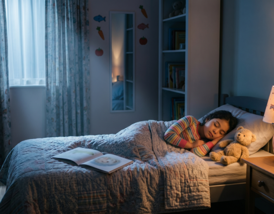 Sleep tips for children with a peaceful bedtime routine, cozy bedroom, storybook, night lamp, and calm sleep environment.