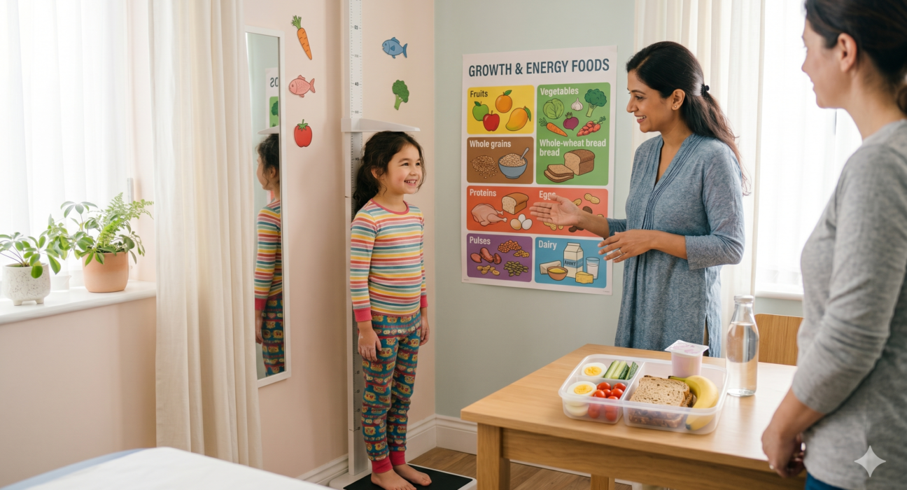 Foods for kids growth shown with a child, nutritionist, growth chart, healthy lunch box, fruits, eggs, yogurt, whole grains, and water.