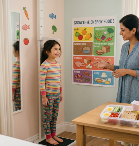 Foods for kids growth shown with a child, nutritionist, growth chart, healthy lunch box, fruits, eggs, yogurt, whole grains, and water.