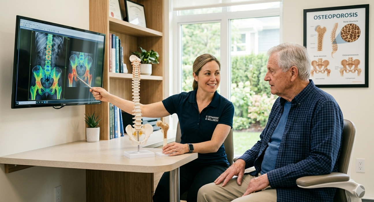Senior man consulting a doctor about bone health with X-ray scans and bone models in a medical clinic.