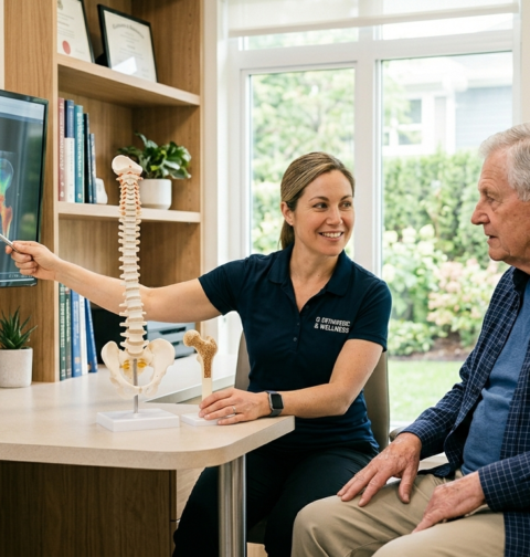 Senior man consulting a doctor about bone health with X-ray scans and bone models in a medical clinic.