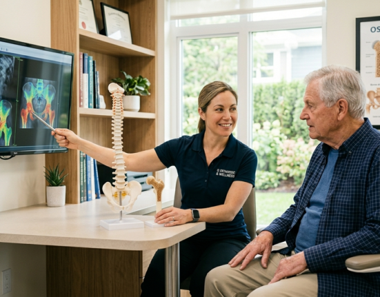 Senior man consulting a doctor about bone health with X-ray scans and bone models in a medical clinic.