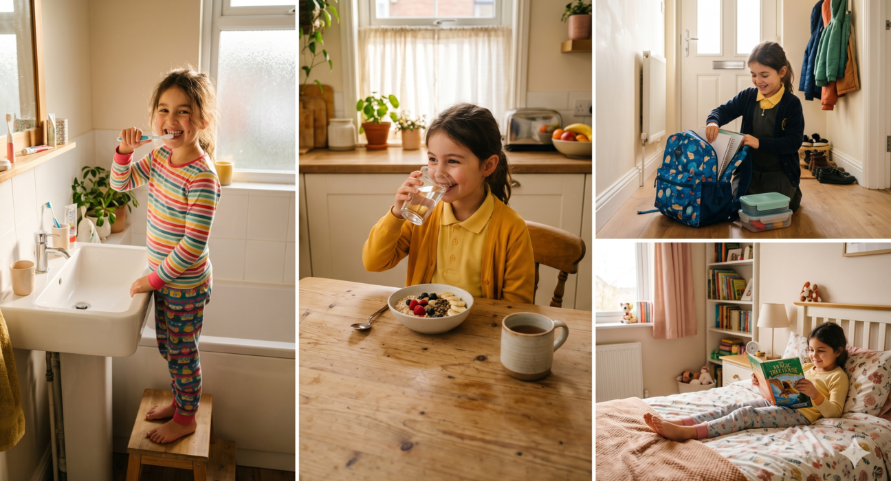 Child following a healthy daily wellness routine at home, including brushing teeth, drinking water, eating a nutritious breakfast, reading, and practicing healthy habits for overall well-being.