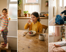 Child following a healthy daily wellness routine at home, including brushing teeth, drinking water, eating a nutritious breakfast, reading, and practicing healthy habits for overall well-being.