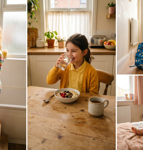 Child following a healthy daily wellness routine at home, including brushing teeth, drinking water, eating a nutritious breakfast, reading, and practicing healthy habits for overall well-being.
