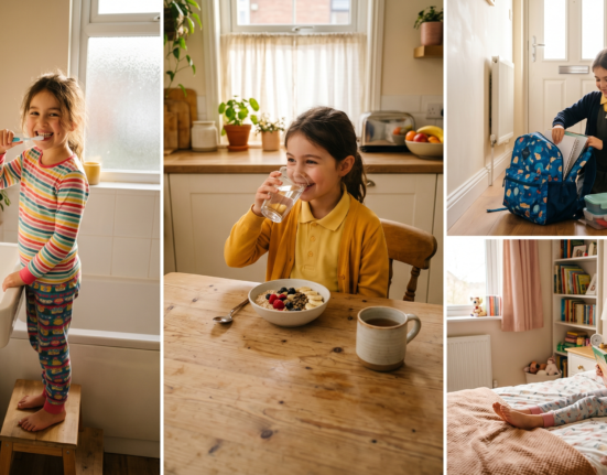 Child following a healthy daily wellness routine at home, including brushing teeth, drinking water, eating a nutritious breakfast, reading, and practicing healthy habits for overall well-being.