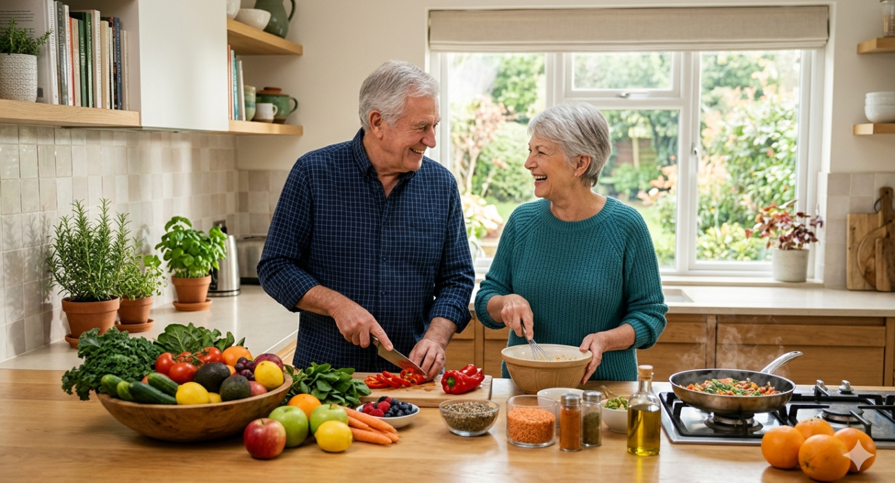 Healthy eating tips for seniors with older adults preparing nutritious meals for healthy aging and daily wellness.