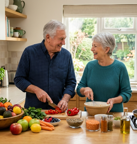 Healthy eating tips for seniors with older adults preparing nutritious meals for healthy aging and daily wellness.