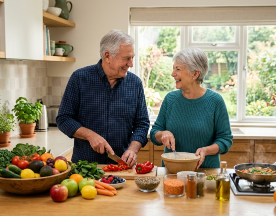 Healthy eating tips for seniors with older adults preparing nutritious meals for healthy aging and daily wellness.